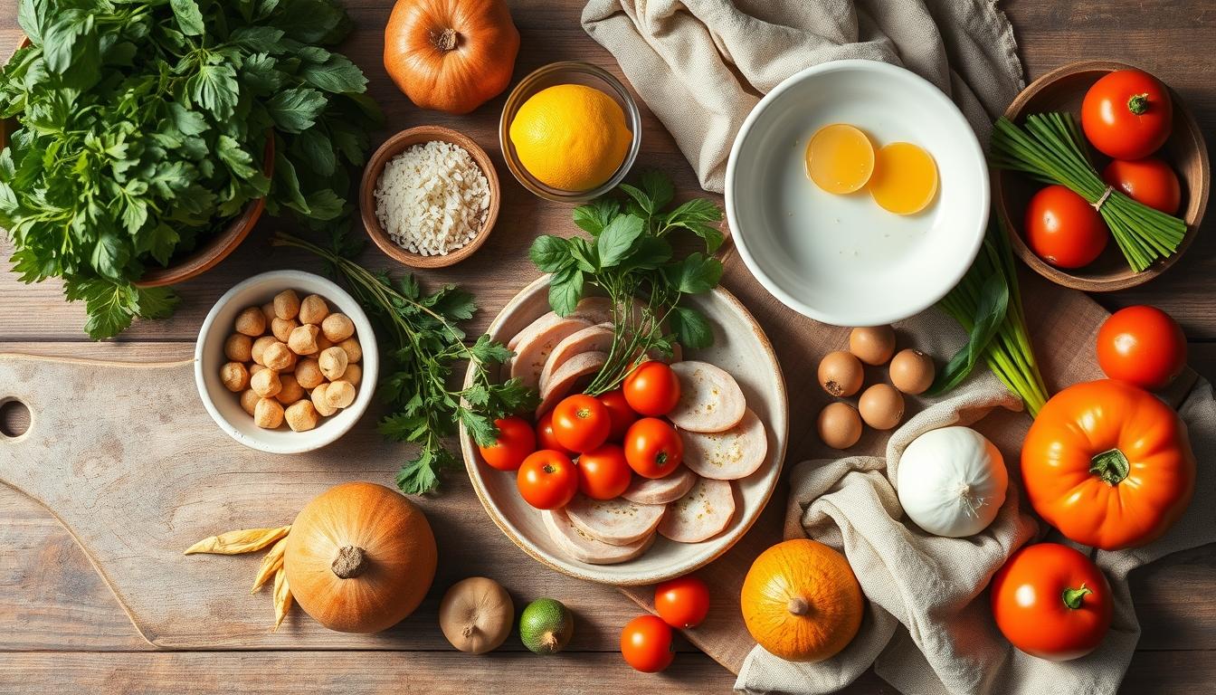 Fresh seasonal ingredients arranged for home cooking